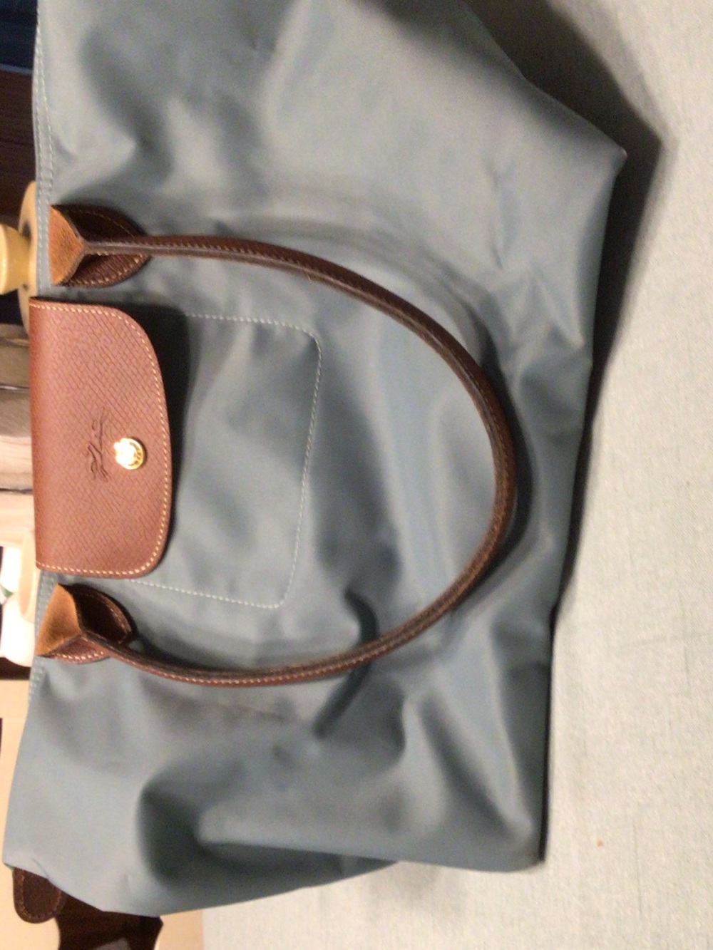 Longchamp Nylon Tote in Light Blue with Brown Trim